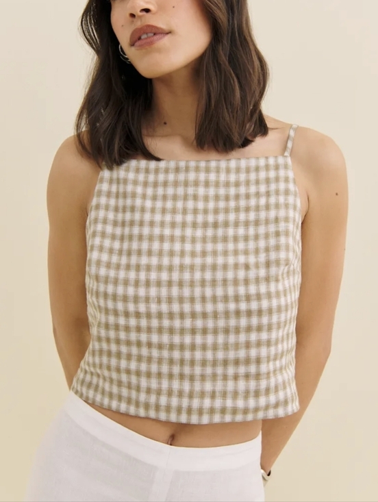 Reformation Tops - Reformation Beige and White Gingham Square-Neck Camisole